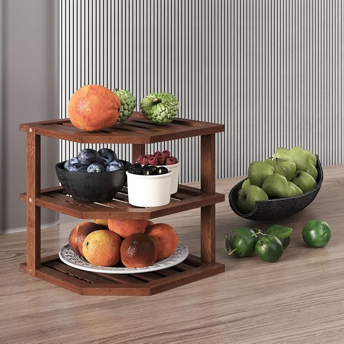 VERTORGAN 3 Tier Bamboo Dish Drying Rack,Corner Shelf 2 Pack(Brown) | Pantry Storage,Dish Rack,Spice Rack,Corner Organizer,Kitchen Counter Shelves,Kitchen Storage,Holds Plates