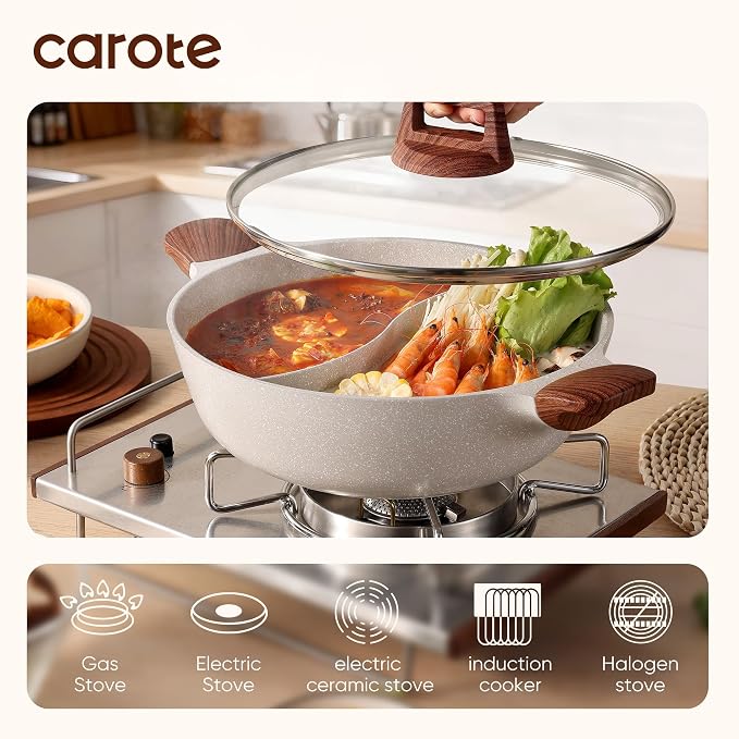 CAROTE 4.5QT Stockpot with Divider Double Flavor | Kitchen Braiser Pan with Glass Lid, Dual Sided Nonstick, Cookware for Induction Cooktop Gas Stove