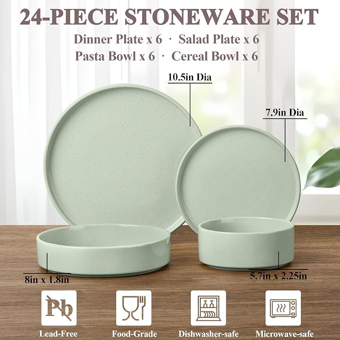 Herogo 24 Piece Plates and Bowls Set, Kitchen Dinnerware Sets with Pasta Bowls, Dinner Ware Dishes Service for 6, Chip & Scratch Resistant Porcelain Kitchen Dishware, Speckled Light Green