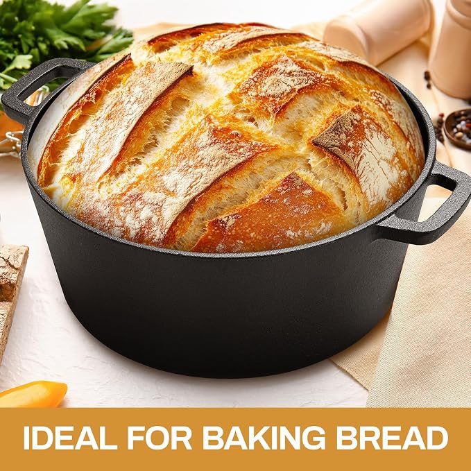 TLGREEN Cast Iron Dutch Oven 6.7QT Pot 2.5QT Skillet Lid Silicone Holders | Cast Iron Skillets, Heat Resistant Stand Included, Fits All Heat Sources for Outdoor Camping, Safe for Long High Temp Cooking