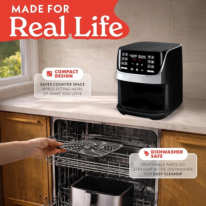 Gourmia Air Fryer - 7 Qt Capacity, LED Display, 12 One-Touch Presets, FryForce 360° Technology, Nonstick Dishwasher-Safe Basket & Crisper Tray, Stainless Steel