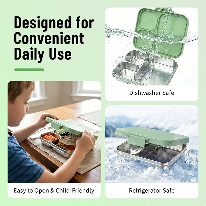 LOHASOK Stainless Steel Lunch Box, 34oz/1000ml, Green | 3-Compartment, Metal Bento Container, Leak Proof, Plastic Lid, for Kids Adults, BPA/BPS Free, Dishwasher Safe