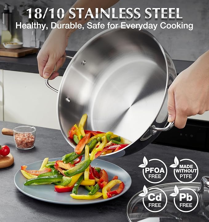 KOCH SYSTEME CS Tri-Ply Stainless Steel Saute Pan with Lid, 12 Inch Deep Frying Pan with Double Handles, 6 Quart 18/10 Stainless Steel Pan, Large Skillet, Induction Compatible, Oven Safe, Non Toxic