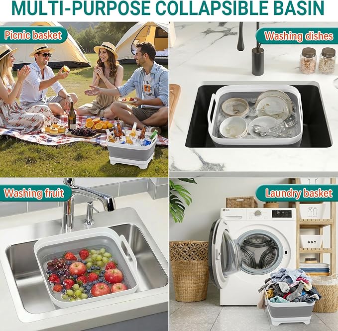 Yecuip Collapsible Baby Bottle Wash Basin w/Drying Rack & Drain Plug, Gray | 2.4 Gallon Foldable Dish Tub w/Handles,Portable RV Camping Sink & Space-Saving Wash Bin with Lid for Kitchen,Travel & Outdoor
