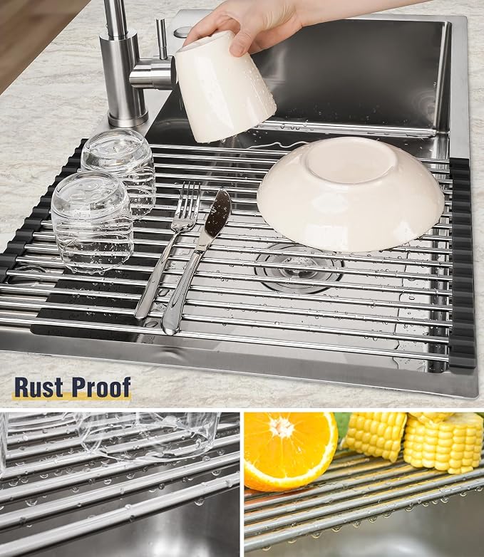 Tomorotec Roll Up Dish Drying Rack Over Sink, 304 Steel, 17.7x12.5, Black | Anti-Slip Silicone Rims For Grip, Heat-Resistant Trivet Mat Holding Heavy Cookware, Rustproof Kitchen Counter Space Saver