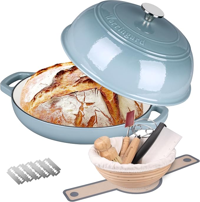 Enameled Cast Iron Dutch Oven Pot with Lid, Bread Oven for Sourdough Bread Baking, Dutch Ovens with Bread Proofing Basket& Baking Supplies Set, 6 Quart, Sea salt