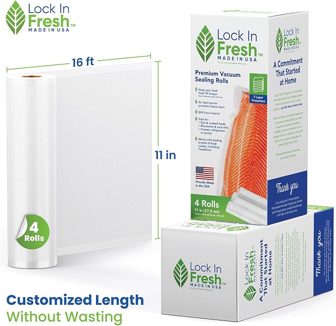 Vacuum Sealer Bags for Food - Heavy Duty Food Saver Vacuum Sealer Bag Rolls - Sous Vide, Seal a Meal Bags, 4-pack, 11" x 16' - Made in the USA