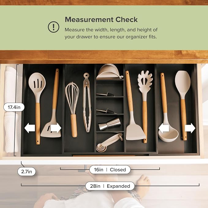 Utensil & Junk Drawer Organizer, 16-28 in, Black Bamboo | Food-safe contract grade, 100% sustainable wood, non-slip, adjustable