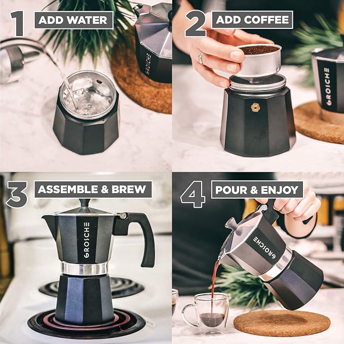 GROSCHE Milano Stovetop Espresso Maker Moka Pot 3 espresso Cup, 5 oz Black | Cuban Coffee Maker And Italian Moka Pot For Stovetop Espresso; For Gas, Electric, And Propane Stoves With A Soft-Touch Handle