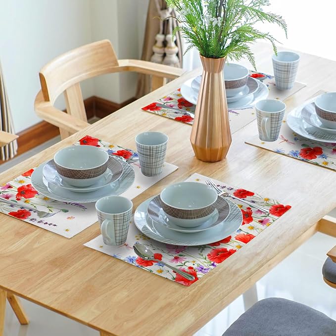 Red Poppy Floral Spring Place Mats Set of 4,Summer Flowers Leaves Place Mats Seasonal Table Mats for Party Kitchen Dining Decoration 12x18 Inch