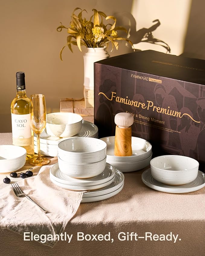 Stoneware Dinnerware Sets for 8, Plates and Bowls, White | 24-Piece Ceramic Speckled Spiral Dishes, Chip & Scratch Resistant, Microwave & Dishwasher Safe, Everyday Use, Farmhouse Style