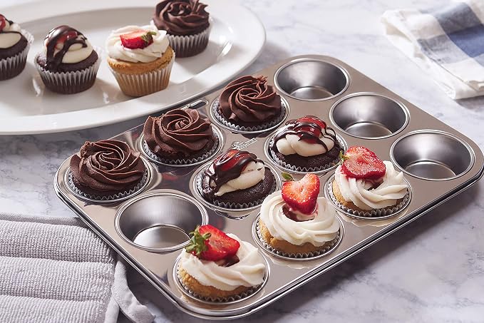 Fox Run Muffin and Cupcake Pan, 12 Standard Cup Stainless Steel Muffin Pan | Bake Cupcakes & Muffins | 12 Standard Cups | Durable Dishwasher Safe Stainless Steel | Consistent Results | Warp Resistant