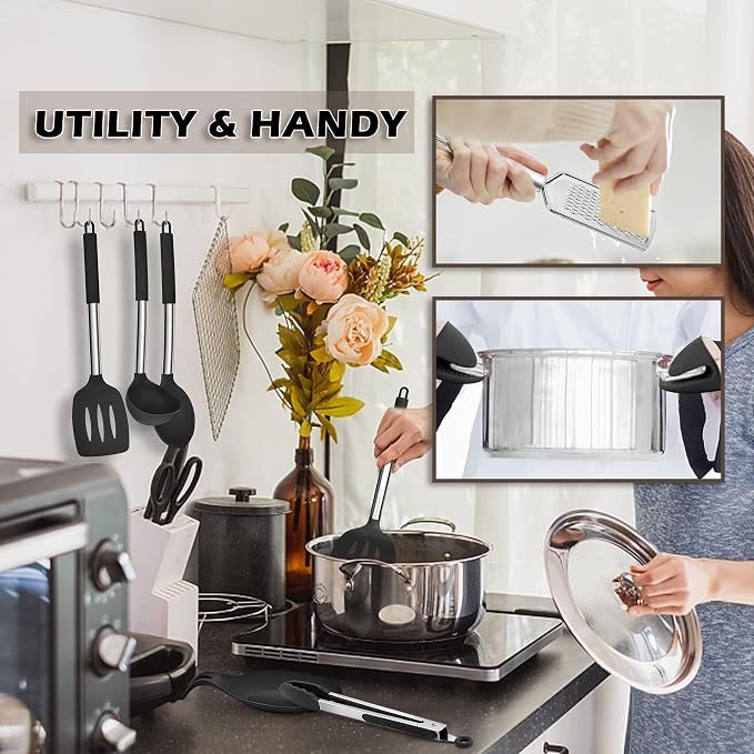 E-far Silicone Cooking Utensils Set, 30-Piece Black Kitchen Utensils Set | Heat Resistant Nonstick Cookware, Kitchen Tools Spatulas with Stainless Steel Handle, Spatulas Turner Tong Spoon Whisk Ladle
