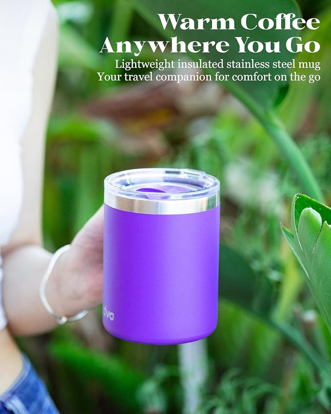 12oz Insulated Coffee Mug with Lid – Includes Two Lids, Stainless Steel Coffee Travel Mug with Handle, Double Wall Vacuum Insulated Camping Mug for Home, Office & Outdoor, Dark Purple
