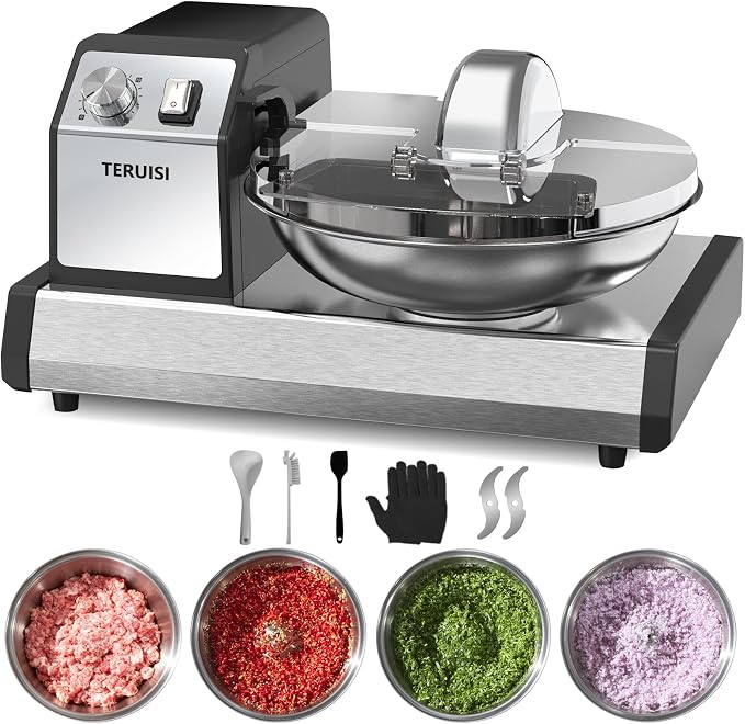 Commercial Food Processor, 250W Heavy Duty Electric Meat Grinders with 1500RPM Blade Speed, 6QT Stainless Steel Food Bowl and 0-15 Mins Timer, CE Certified Vegetable Chopper Food Mixer,110V