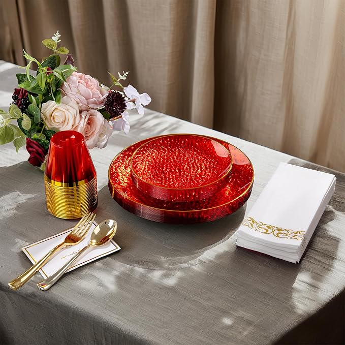 DaYammi 175PCS Clear Red Plastic Dinnerware Set, Hammered Disposable Plates for Mother's Day Party, Include: 25 Dinner Plates 25 Dessert Plates 75 Gold Silverware 25 Napkins 25 Cups for Wedding