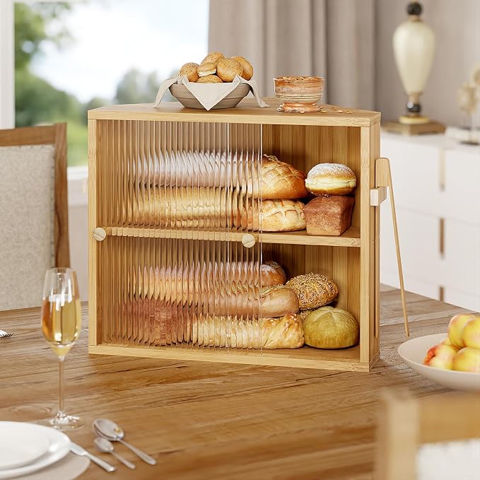 Corner Bread Box with Sliding Acrylic Doors, Double Layer Bread Bin | Bread Box for Kitchen Countertop, Bamboo Bread Storage Container, Large Capacity Vintage Farmhouse, Natural, Meduim
