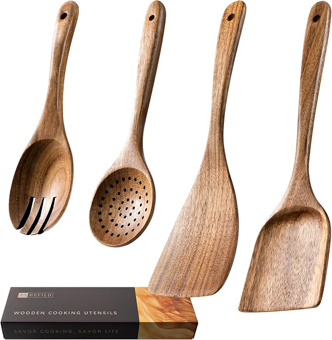 Wooden Spoons for Cooking, 4-Piece Acacia Wood Cooking Utensil Set | Spoons and spatulas stir, mix, flip and serve; balanced handles offer control while staying gentle on nonstick cookware.
