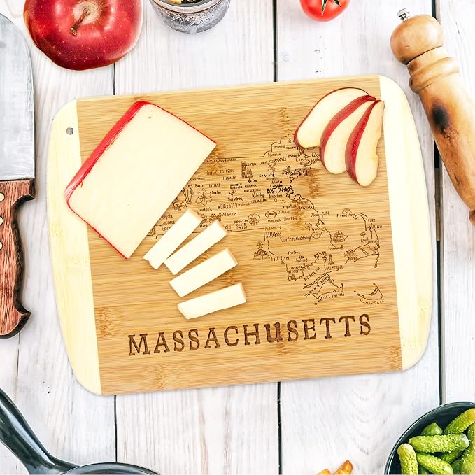 Totally Bamboo A Slice of Life Massachusetts Engraved Map Cutting Board | 11” x 8.75” charcuterie board with engraved state map artwork. Smooth reverse side for food prep. Hang tie for wall display.