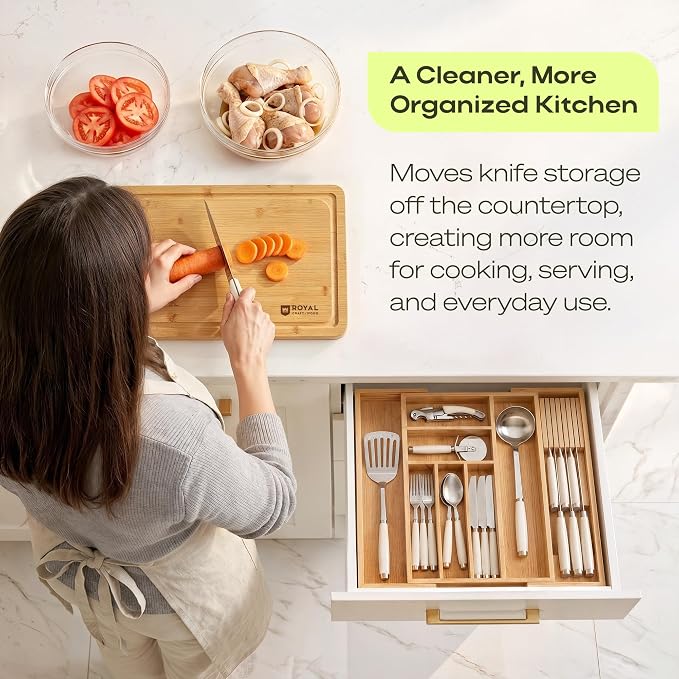 Bamboo In-Drawer Knife Block for 7 Knives – Premium Drawer Knife Organizer Insert, Kitchen Knife Holder for Safe Knife Storage, Compact Kitchen Organization & Drawer Storage