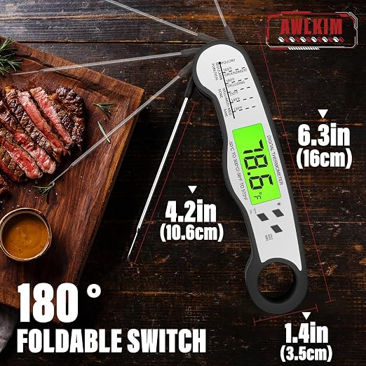 AWLKIM Meat Thermometer Digital, Instant Read Food Thermometer, Black | Waterproof cooking thermometer with doneness chart, backlight, F/C switch for BBQ, candy, oil