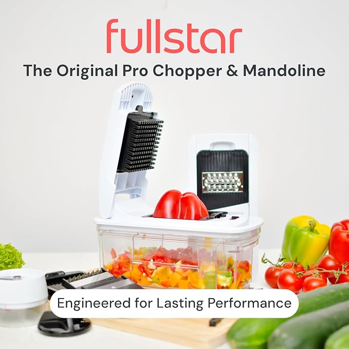 Fullstar Pro XL Vegetable Chopper & Mandoline Slicer w Pull-Out Catch Tray | 6 in 1 Veggie, Onion & Fruit Slicer, Dicer & Grater with Sharp Stainless Steel Blades - XL Food Prep Set (Black)