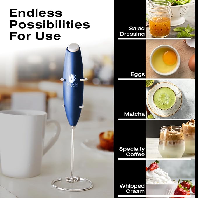Bean Envy Milk Frother Handheld - Coffee Mixer Wand with Stand - Blue | Battery Operated, Stainless Steel Whisk, 19000 RPM, Protein Powder Blender, Electric Stirrer, Mini Foamer