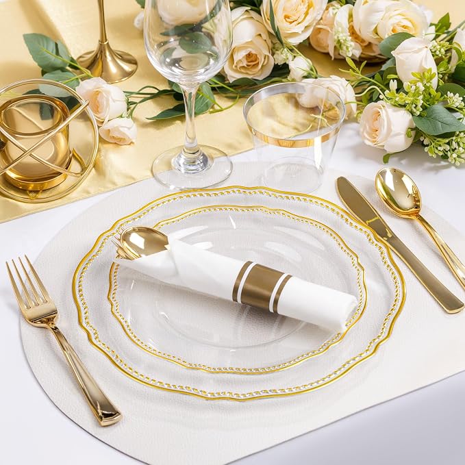 350 Pcs Clear Gold Plastic Plates for Wedding & Party | Gold Plastic Dinnerware Set Includes 50 Dinner Plates, 50 Dessert Dinnerware, 50 Cups, 50 Rolled Napkin Cutlery Perfect