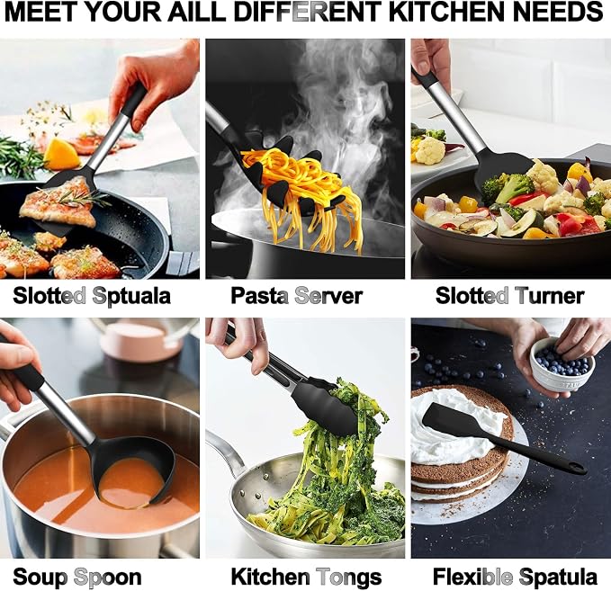 Silicone Kitchen Utensils Set, Umite Chef Large Heat Resistant Cooking Utensil, 26Pcs Silicone Spatulas Set, Stainless Steel Handle, Black Kitchen Gadgets Tools Set for Nonstick Cookware