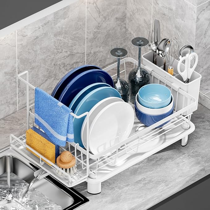 Dish Drying Rack, Stainless Steel-Dish Rack, (white 2 with Sponge Rack) | Dish Racks for Kitchen Counter, Kitchen Dish Drainers with Removable Utensil Holder,New drain outlet,