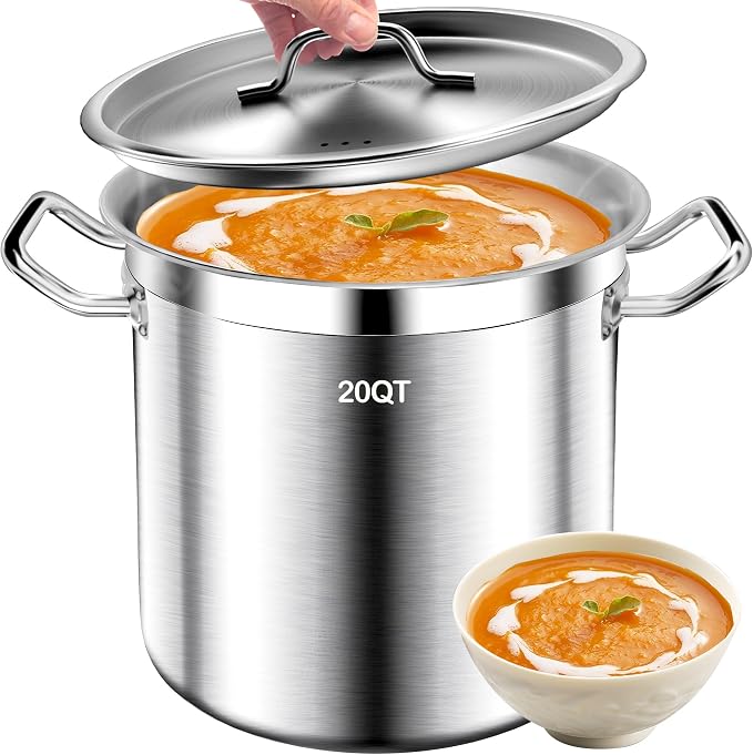 20Qt Brushed Stainless Steel Stock Pot With Lid - Large Stock Pot - Heavy Duty Induction Commercial Grade Stockpots for Soup, Stew, Oven, Gas, Ceramic, and Dishwasher Safe