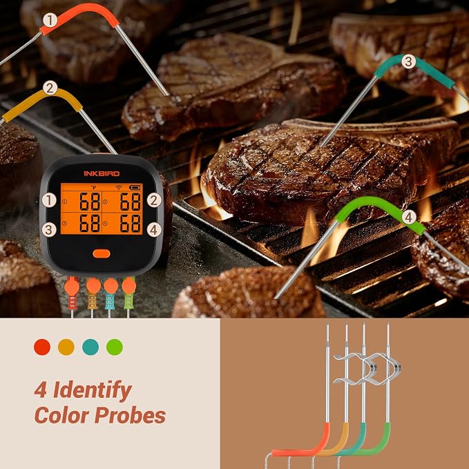 INKBIRD WiFi Meat Thermometer IBBQ-4T, Wireless BBQ Thermometer for Smoker | APP Calibration Temp Graph, Mobile Notification Timer Alarm Backlit, Rechargeable Digital Grill Thermometer, 4 Probes, Magnet