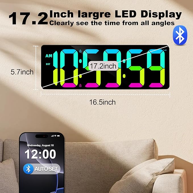 17.2" Bluetooth Digital Wall Clock with Seconds, Large Countdown Timer for Classroom Home Gym Kitchen Office, Alarm Clock with Remote Control, 4 Dimmable Brightness, Auto DST (RGB)