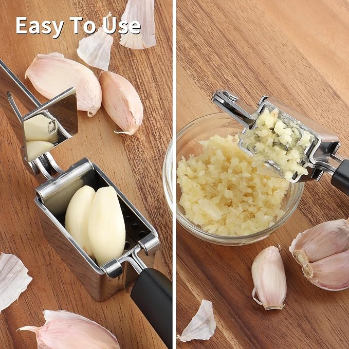 Garlic Press Stainless Steel, Manual Garlic Mincer for Kitchen Use | Easy to Squeeze and Clean, Rust Proof and Dishwasher Safe, 8.26-Inch, Black Garlic Crusher