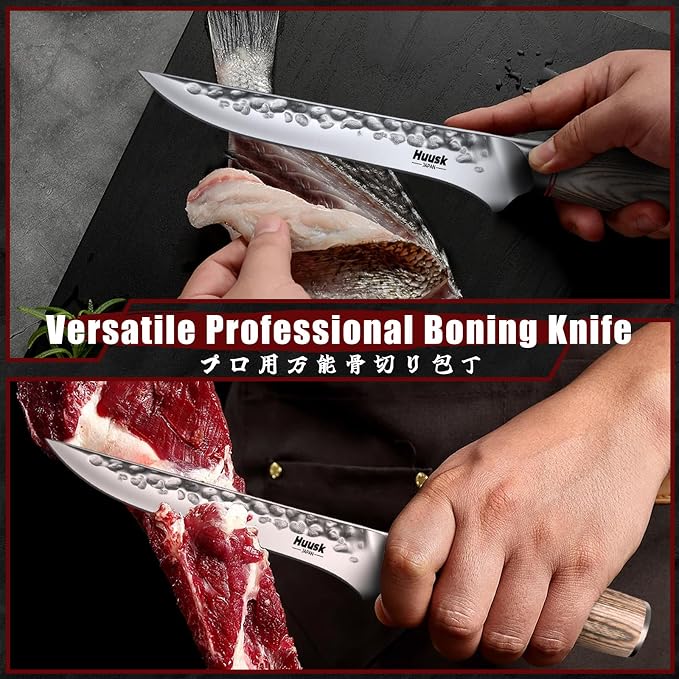 Huusk Kitchen Knife Set of 3 - Japanese Nakiri Vegetable Knife | Meat Cleaver Boning Knife for Meat Cutting, Hand Forged Butcher Chef Knives Set for Kitchen Cooking, Gift for Chef Men Women
