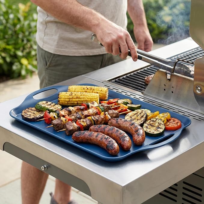 KINGEN 2-Pack Navy Blue Bamboo Fiber Serving Trays - 17.3×12.2-inch Extra Large w/Handles Tray, Platters for 4th of July, Christmas, BBQ, Picnic, Outdoor Dining - Durable, Lightweight (Classic Blue)