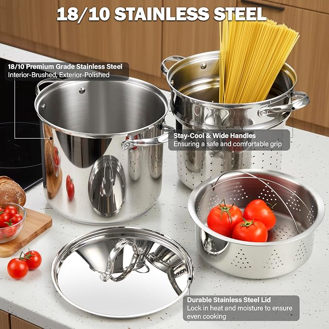 Cooks Standard 12 Quart Pasta Pot Set 4-Piece 18/10 (304) Stainless Steel | Multipurpose Stock Pot with Strainer Insert & Steamer Basket, Spaghetti Cooker with Lid, Induction Compatible