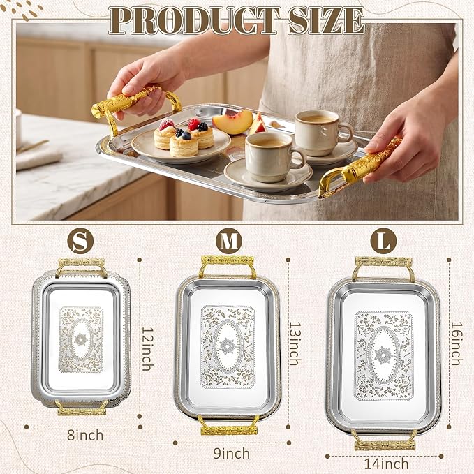 3 Pack Metal Serving Trays with Handles, Decorative Floral Platter Trays for Coffee Tea, Food, Dessert, Jewelry, for Buffet Wedding Party Kitchen Home Decor (Rectangle,Silver, Gold)