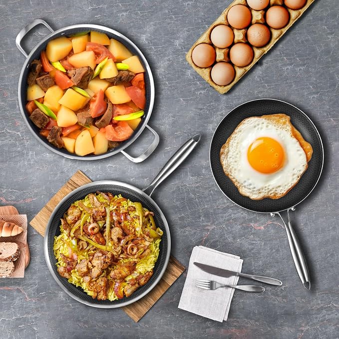 Inqibee 6 QT Saute Pan with Lid & 8.5-10‘’ Frying Pans Set, Ceramic Coating | Tri-Ply Stainless Steel Hybrid Nonstick Cookware Set, PFOA Free, Induction Ready, Dishwasher & Oven Safe