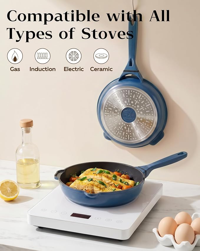 FDN 8" Ceramic Non Stick Frying Pans With Lid, Titanium Pans for Cooking, Non-Toxic PFAS-Free, Induction & Oven-Safe Cookware, Blue For Daily Cooking