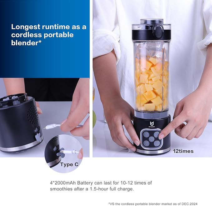 UTALENT Cordless Portable Blender, Ice Crush, 700W Motor, 25oz Cup, 4 Mode | 700W Brushless Motor, USB-C rechargeable, Long-lasting, 25oz Tritan cup, Leakproof lid with sip spout, Dishwasher Safe Parts