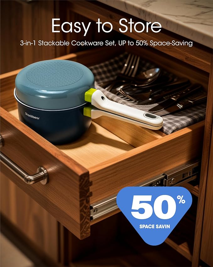 Ceramic Non Stick Cookware Set, 2.5QT Saucepan, 7" Egg Omelette Pan & 18/10 Stainless Steel Steamer, Induction Ready Frying & Sauce Pan Set, PTFE, PFOA & PFAS Free, Mix Blue