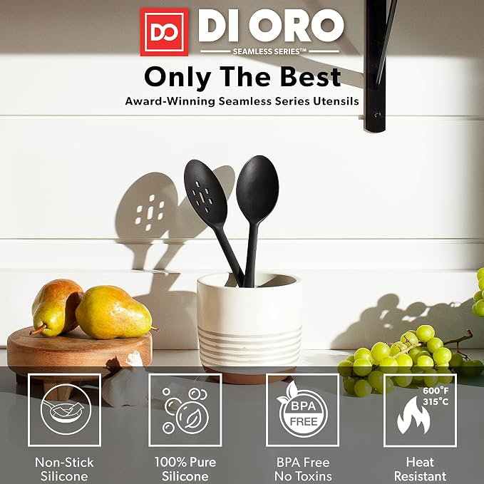 DI ORO Silicone Cooking Spoons - Solid & Slotted Set, 2-Pc Black | Large heads for mixing, serving, and stirring; Heat-resistant to 600F for nonstick cookware; BPA-free and dishwasher safe