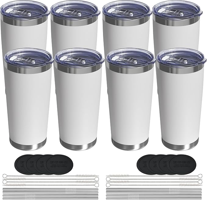 20oz Travel Coffee Tumbler 8 Pack, Lids and Straws, Stainless Steel | Double Wall Vacuum Insulated Tumbler, Coffee Mug for Hot & Cold Drinks, Fits Most Car Cup Holders, White