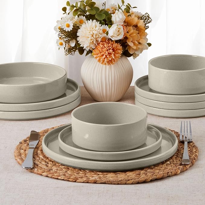 E-far Dinnerware Sets for 8, 24-Piece Stoneware Plates and Bowls Set, Khaki | Modern Kitchen Dining Dishware, Chip and Scratch Resistant, Microwave & Dishwasher Safe, Speckled Khaki