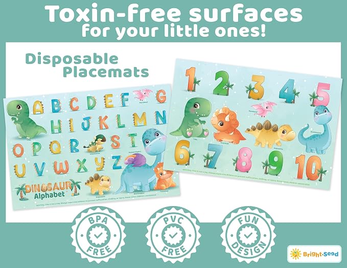 Bright Seed Disposable Placemats for Baby & Toddlers, Learning Mat- Dinos | 40 Disposable Placemats, ABC, Numbers & Animal Learning, Perfect for Restaurants & Travel, Helps Keep Tables Clean