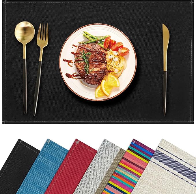 Black Placemats Set of 8, 12x18 Inch Faux Linen Table Mats | Heat Resistant and Washable Design, Easy to Clean Surface for Dining Rooms, Kitchens, Outdoor Parties and Everyday Home Decor