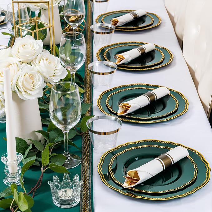 350 Pcs Green Gold Plastic Plates Wedding & Party | Gold Plastic Dinnerware Set Includes 50 Dinner Plates, 50 Dessert Plates, 50 Gold Utensils, 50 Napkins