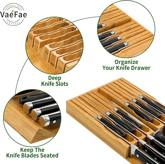 VaeFae Bamboo Knife Drawer Organizer, Knife Drawer Organizer Insert, Kitchen Drawer Knife Block for 12 Knives and a PLUS Slot for your Knife Sharpener (Without Knives)