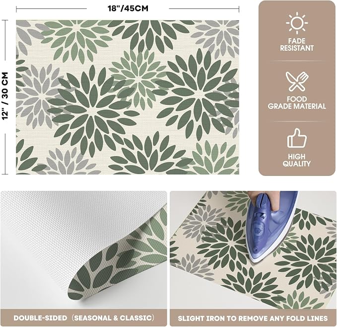 Artoid Mode Floral Vinyl Placemats Set of 4, 12x18 Inch Thanksgiving Washable Non-Slip Plastic Vinyl Place Mats for Party Kitchen Dining Decor, Olive Green